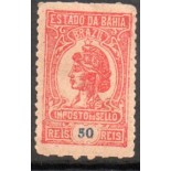 1918 Estado da Bahia, Brazil,Imposto do Selo, figura republicana, vermelho, novo, 50 réis 20.189