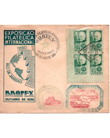 1938 Envelope RARÍSSIMO Exposição Filatélica Internacional RJ com 4 Carimbos e uma quadra do selo C132 - 27.121