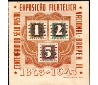 1943 Bloco 09 Centenário do Selo Postal - BRAPEX II EMITIDO SEM GOMA,32.118 COM MARCAS DE CHARNEIRAS