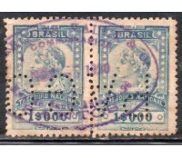 Selo fiscal Thesouro Nacional 1$000 réis 2 selos com um carimbo, 35.735 PERFINS PAGO -  RARO