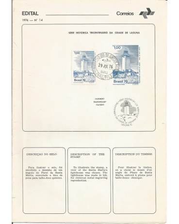 1976 Edital 14  Série Histórica Tricentenário da Cidade de Laguna Com Selo e Carimbo CBC 29.07.76  -  12.164