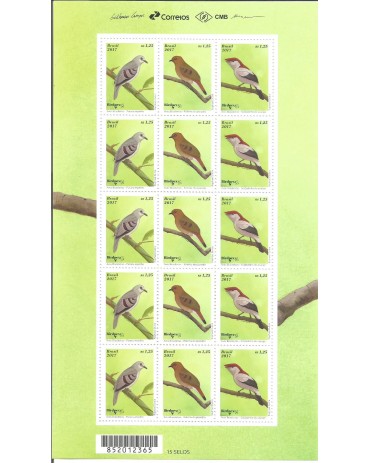 2017 - Folha com 15 selos aves - 17.115 escassa 1LP