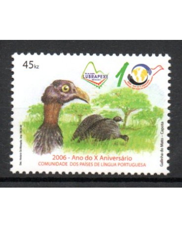 2006 - 1611 Angola 45 kwanzas Lubrapex 2006 (30.10. a 05/11) Rio de Janeiro, X Ano do X Aniversário da comunidade de Países de Língua Portuguesa (Galinha do Mato-Capota ou Saqué)18.988 M
