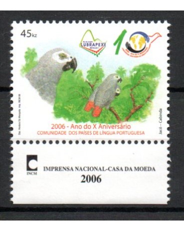 2006 - 1610 Angola 45 kwanzas , Lubrapex 2006 (30.10 a 05.11) Rio de Janeiro, X Aniversário da comunidade de Países de Língua Portuguesa ( Papagaio Cinzento do Gabão) )  18.989  M