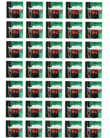 1974 folha do selo C851 Tricentenário da Bandeira de Fernão Dias Paes ,35 selos, apenas tem um com carimbo no verso, folha sem as laterais como na imagem 20.038 M