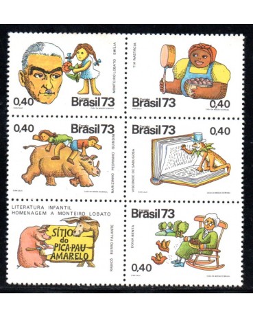 1973 C806/ 810  Bloco de 5 + etiqueta  Homenagem a Monteiro Lobato 20.051 M