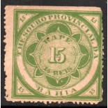 16 - Imposto sobre o Rapé, 15 réis, verde Thesouro Provincial da Bahia, 20.176 aminci abaixo, sem uso