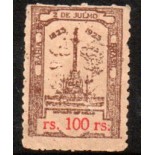 1922, Imposto do selo. Monumento ao 2 de Julho de 1823, data da independência da Bahia, está na Pça do Campo Grande, Bahia, Brasil. legenda em vermelho 100 rs  20.183
