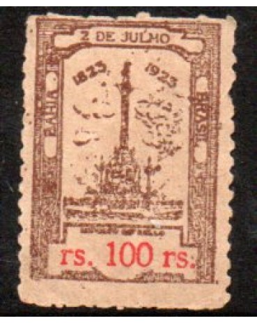 1922, Imposto do selo. Monumento ao 2 de Julho de 1823, data da independência da Bahia, está na Pça do Campo Grande, Bahia, Brasil. legenda em vermelho 100 rs  20.183