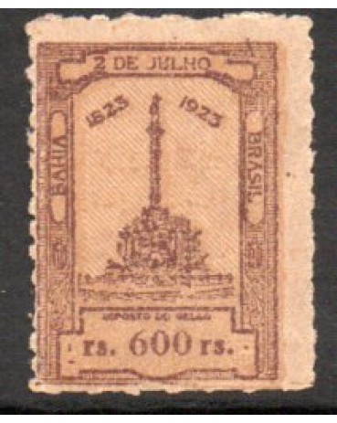 1922 Imposto do selo,Monumento ao 2 de julho data da independência da Bahia, Brasil, está na Pça do Campo Grande,legenda rs 600 rs, novo com goma, perfeito  20.184