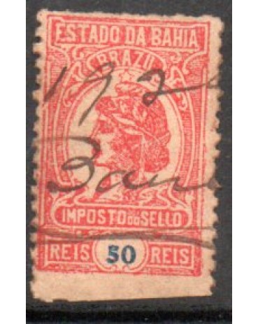 1918 Estado da Bahia, Brazil, Imposto do selo, 50 réis, usado,vermelho,figura republicana 20.188