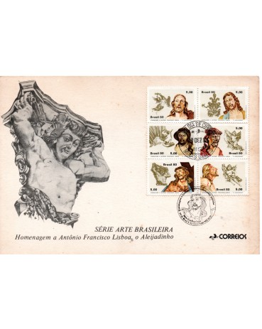 Fdc/Cartela 216 Série Arte Brasileira,Homenagem a Antônio Francisco Lisboa, o Aleijadinho, com dois carimbos ,MG contém alguns pontos  escuros. porém se trata de uma peça raríssima,23.101