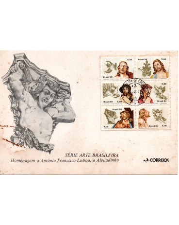 Fdc/Cartela 216 Série Arte Brasileira, Homenagem a Antônio Francisco Lisboa, o Aleijadinho,  com dois carimbos MG, peça muito difícil de achar, veja aos pontos de ferrugem, está intacta, carimbo BA 23.102
