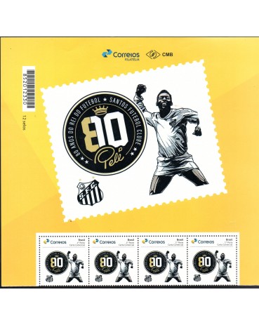 PB175 Tira com 4 selos personalizados 80 anos do pelé,com a vinheta da folha 23.297