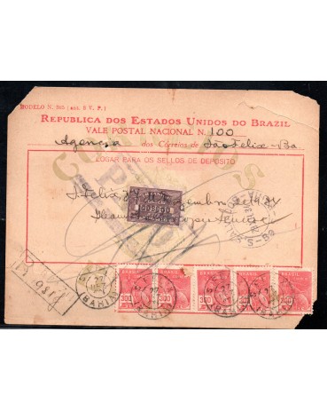 Vale Postal Nº100 em São Félix-Bahia no dia 29/12/1934 - 24.319, oberve os defeitos