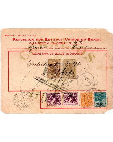 Vale Postal N°52 emitido em Cachoeira-Bahia no dia 10.03.1936 - 24.329 observe os defeitos