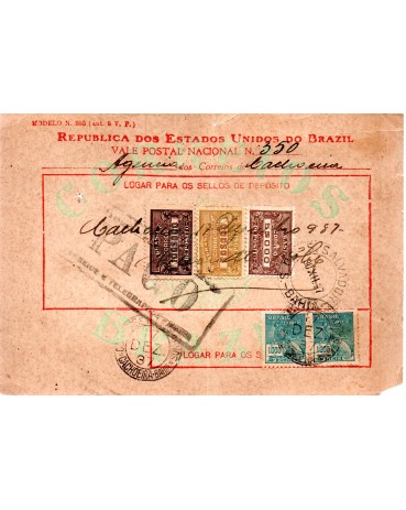 Vale Postal Nº350 emitido por Cachoeira-Bahia no dia 17/12/1937 - 24.331 - pequeno corte no canto direito abaixo