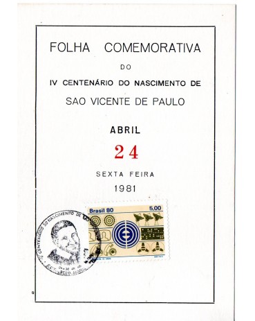 1980 Folhinha Comemorativa  IV Centenário do Nascimento de São Vicente de Paulo 25.377