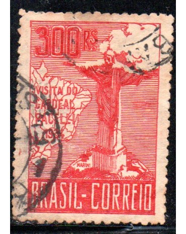1934 C80 - 300 réis Visita do Cardeal Pacelli (Pio XII) 3ª Tiragem 3ª Coluna 25.504 Carimbado