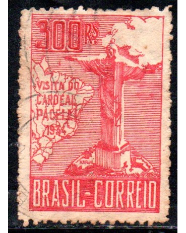 1934 C80 - 300 réis Visita do Cardeal Pacelli (Pio XII) 3ª Tiragem 3ª Coluna 25.506 Carimbado