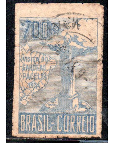 1934 C81 - 300 réis Visita do Cardeal Pacelli (Pio XII) 3ª Tiragem 3ª Coluna 25.510 Carimbado