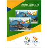 B197/198  Cartela Emissão Especial em 3D Entrega das Bandeiras Olímpica e Paralímpica 27.388 Mint  "Acompanha Óculos Especial "