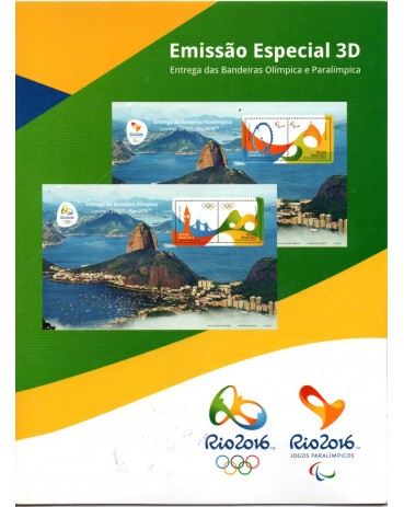 B197/198  Cartela Emissão Especial em 3D Entrega das Bandeiras Olímpica e Paralímpica 27.388 Mint  "Acompanha Óculos Especial "