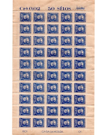 1954 R489 Almirante Tamandaré Ultramar, Cr$0,02, Folha com 50 Selos Novos, Com defeito na Goma 27.515 SOLICITE IMAGEM