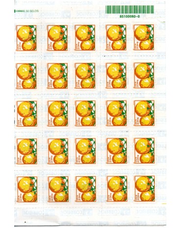 1997 R735 Laranja, R$0,01 folha com 50 selos autoadesivos mint DOBRADA AO MEIO 7.523