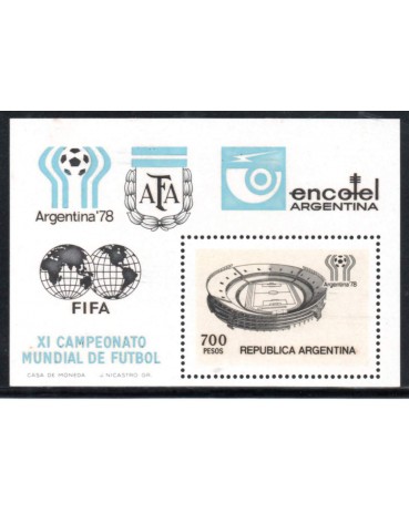 Futebol Argentina 1978 Bloco 700 Pesos XI Campeonato Mundial de Futebol FIFA, novo com goma original 28.692