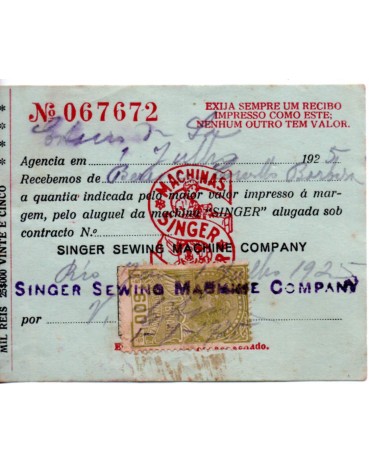 Recibo de Aluguel de Máquina Sínger Nº067672  selo 600 réis Rio de Janeiro 1.7.1925 - 30.321 ( O número do recibo poderá ser outro)
