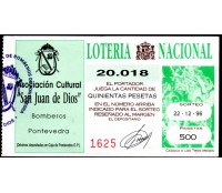 ESPANHA, Bilhete de Loteria da Associação  Cultural San Juan de Dios - Bombeiros de Pontevedra, 22.12.96 30.366