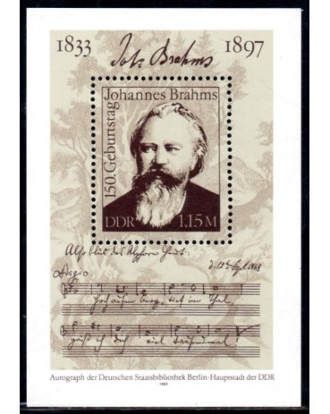1983 Alemanha DDR  Bloco 67 150 Anos do Nascimento do compositor Johannes Brahms 31.213 Mint