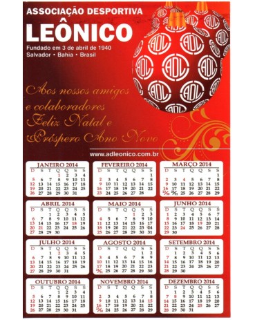 Calendário da Associação Desporiva Leônico - Ano de 2014 - 32.157 Inscrições no verso