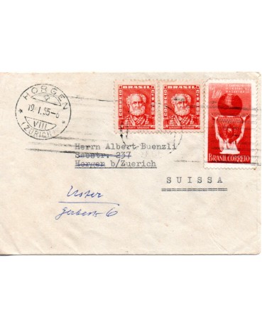 Brasil Circulado para a Suiça em 19/01/1955 - 32.203 2 selos regulares e um comemorativo