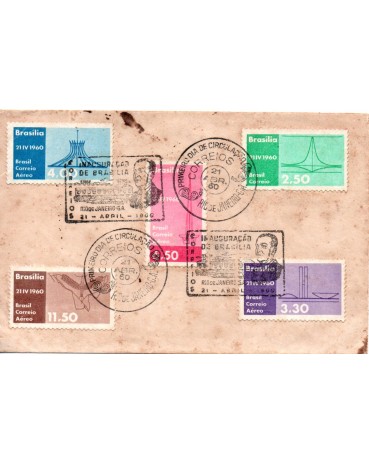 1960 Envelope com os 5 selos da série da Inauguração de Brasília com 4 carimbos, sendo 2 com imagem de Juscelino Kubitschek32.209