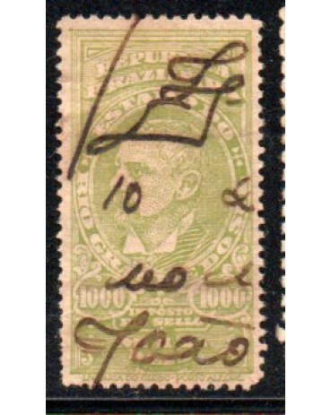 Imposto do Selo 1000 réis Verde 35.595 obliterado manualmente