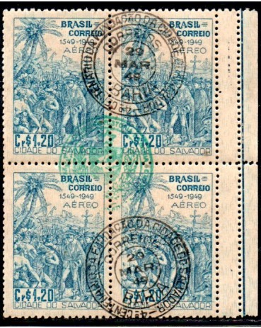 1948 A072 Quadra 4º Centenário da Fundção de Salvador e da Instalação do Governo geral do Brasil (1549/1763) 35.677 carimbada com goma Duas filas de Picote