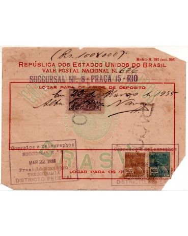 Vale Postal Nº656 de 22/03/1925 emitido pela cidade do Rio de Janeiro - 1 selo depósitos e 02  regula 35.696 - veja cortes no 3 cantos
