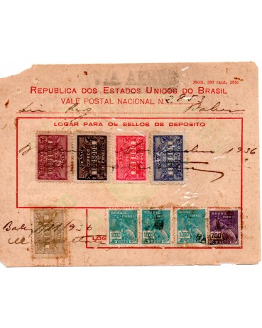 Vale postal 2853 de 9/11/1936 com 5 selos depósito e 4 regulares 35.701 observe cortes nos cantos