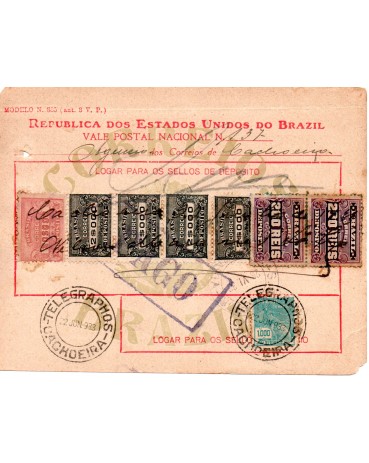 Vale postal 137 de 22 de junho de 1933 pela cidade de Cachoeira - BA,35.702 aparece dois cortes nos cantos.
