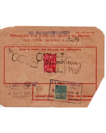 Vale postal 5276 emitido pela cidade de S.Paulo em 01/04/1935  -  35.708 observe cortes nos cantos