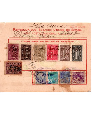 Vale postal 2212 de 08/09/1936 pela Diretoria Regional da Bahia, VIA AÉREA 35.709 tem um pequeno defeito no canto esquerdo acima -  PEÇA  RARIDADE, VIA AÉREA