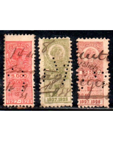 Selos fiscais Thesouro Nacional anos 1927/1928, valores 5.000, 20.000, 50.000 réis 35.733 PERFINS - RARIDADE