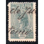 Imposto do sello estado da Bahia, 300 réis 35.757 obliterado manualmente