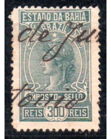 Imposto do sello estado da Bahia, 300 réis 35.757 obliterado manualmente