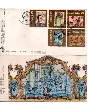 Fdc033/1973 Arte Barroca do Brasil 35.8002 carimbo SP.  No verso Barroco - Azulejaria -  Este fdc é o unico que conheço com essa arte no verso. Tem alguns pontos de óxido, valor pelo catálogo R$300,00