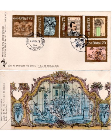 Fdc033/1973 Arte Barroca do Brasil 35.8001 carimbo BA. No verso Barroco - Azulejaria -  Este fdc é o unico que conheço com essa arte no verso. Tem alguns pontos de óxido, valor pelo catálogo R$300,00