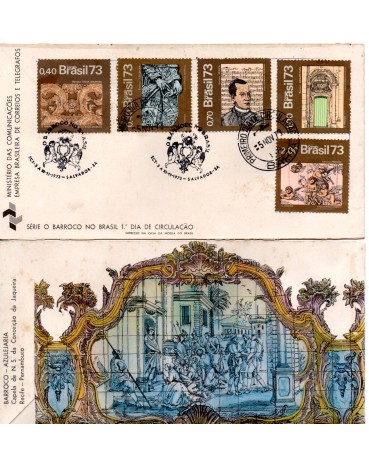 Fdc033/1973 Arte Barroca do Brasil 35.800, 4 carimbos BA.  No verso Barroco - Azulejaria -  Este fdc é o unico que conheço com essa arte no verso. Tem alguns pontos de óxido, valor pelo catálogo R$300,00, Tem ponos de oxido