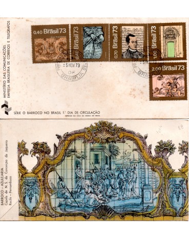 Fdc033/1973 Arte Barroca do Brasil 35.803,carimboS SP.  No verso Barroco - Azulejaria -  Este fdc é o unico que conheço com essa arte no verso. Tem alguns pontos de óxido, valor pelo catálogo R$300,00